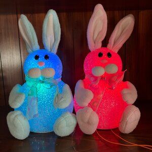 Vintage Lighted Easter Bunny Melted Popcorn Battery Operated Set of 2 Pink Blue